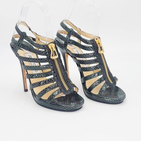 JIMMY CHOO Heels Green ELAPHE Gladiator Snakeskin Caged Sandals Size 36.5 - Picture 4 of 7